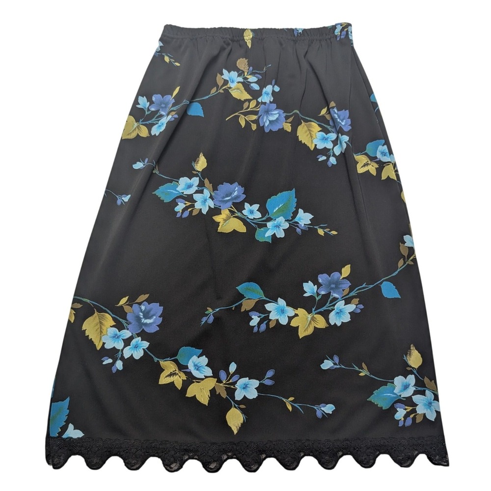Vintage Erena Floral Midi Skirt Womens Black Blue Yellow Lace Trim Elastic Waist